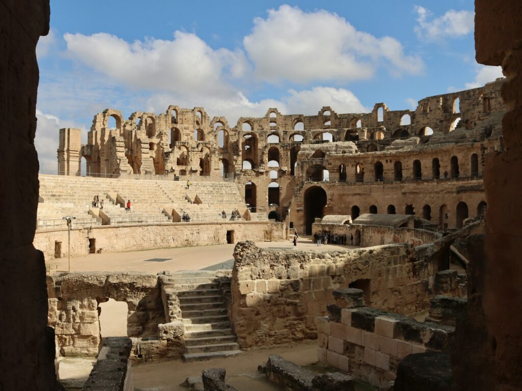 The Roman amphitheatre of El Jem rising above the town
