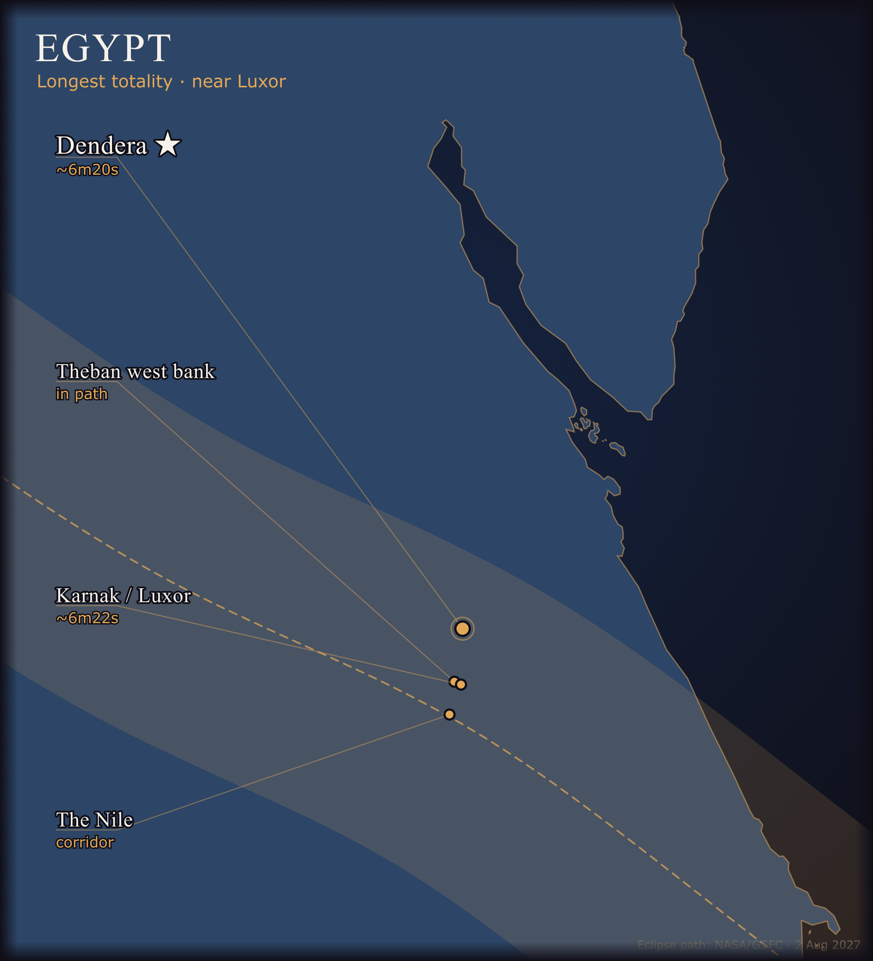 Map of the four 2027 eclipse locations in Egypt, on the path of totality