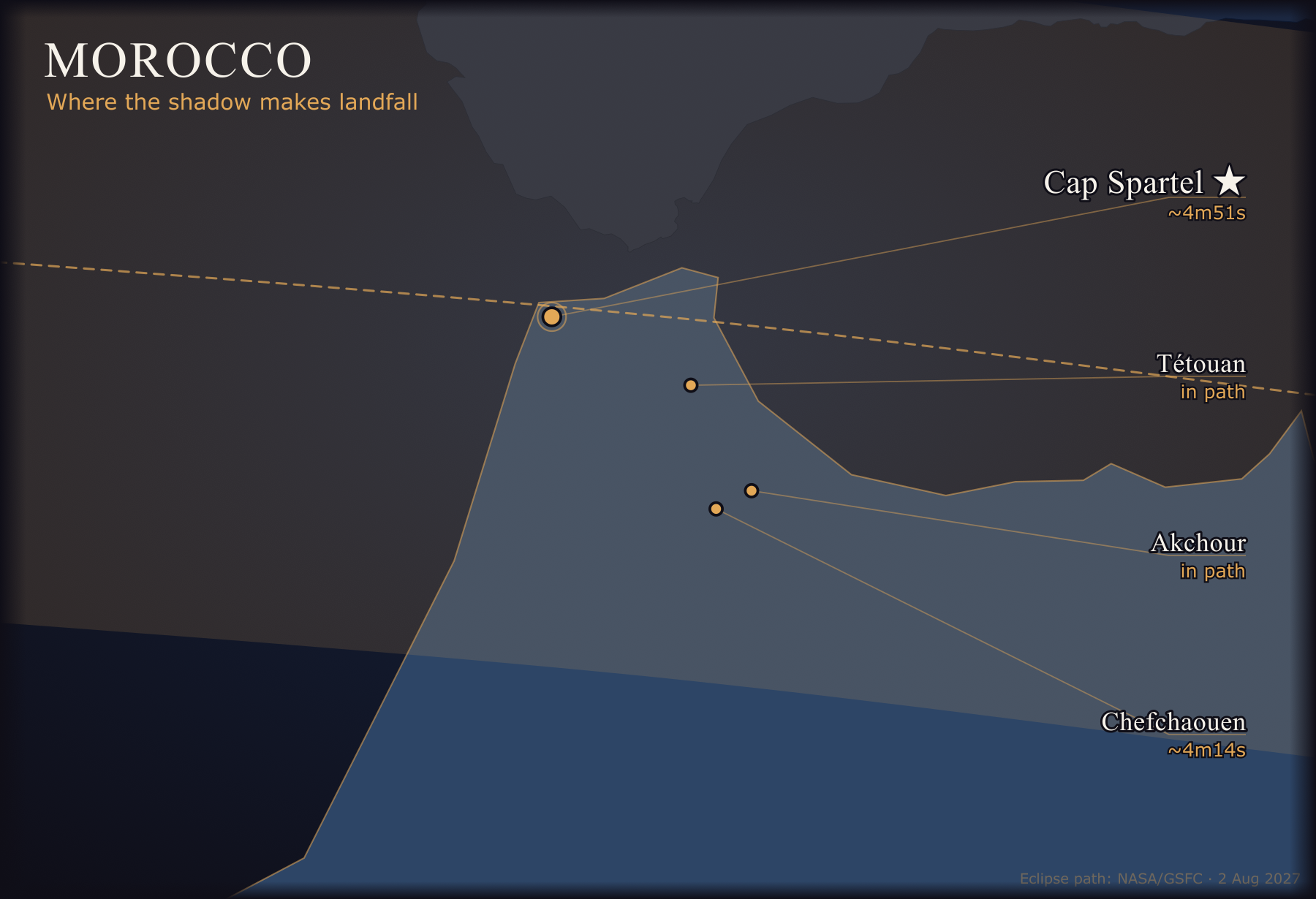 Map of the four 2027 eclipse locations in Morocco, on the path of totality
