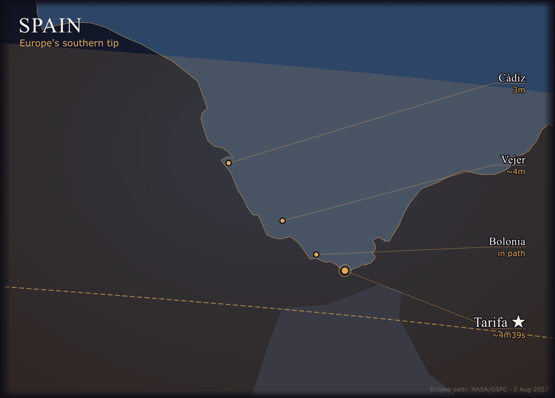 Map of the four 2027 eclipse locations in Spain, on the path of totality